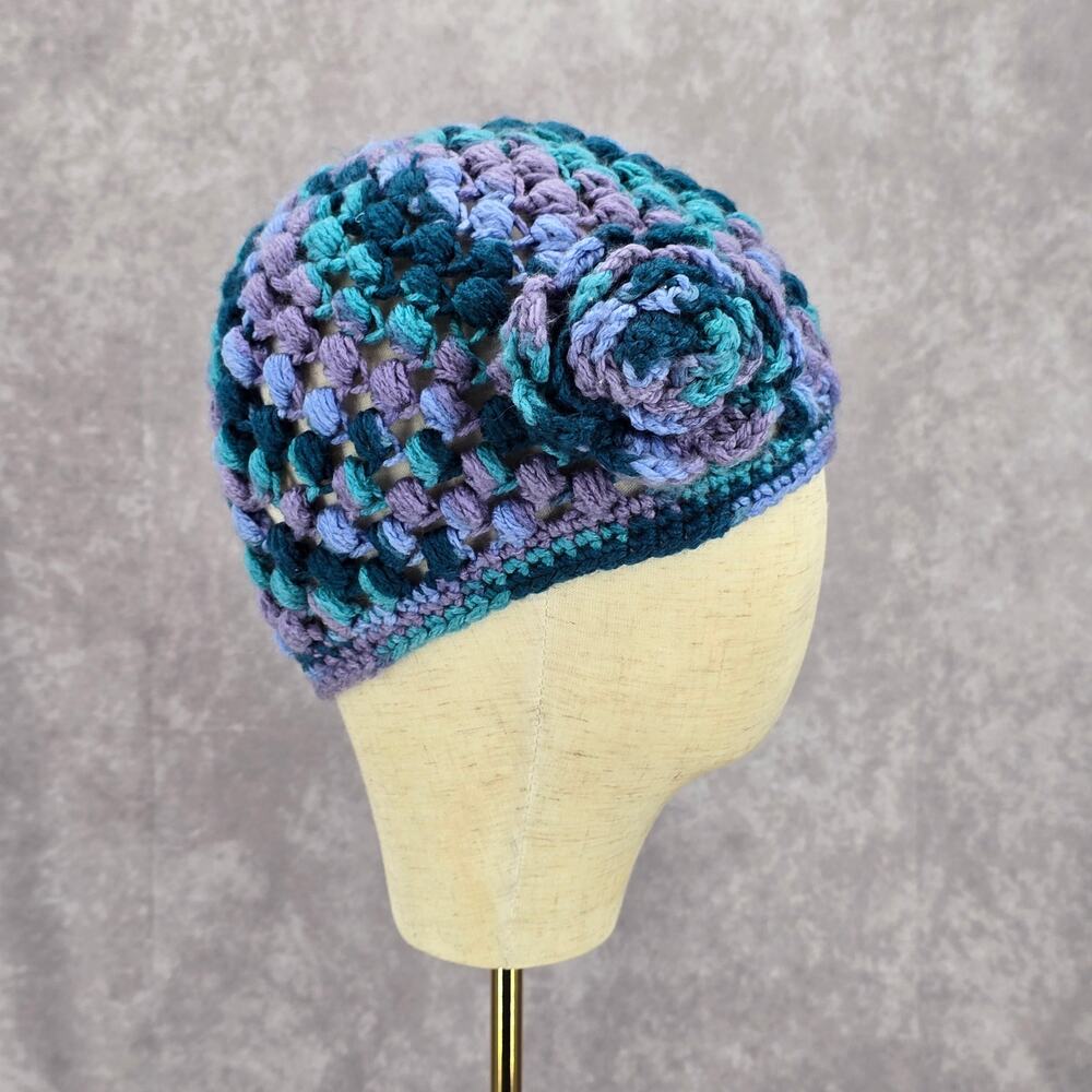 Blue Purple Crochet Knit Bucket Cap Hat Flower Vintage‎ Y2K Beanie
